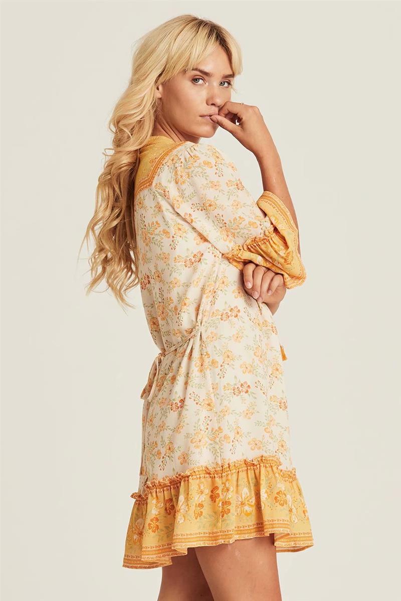 Boho Floral Print Flared Sleeve Ruffle Hem Mini Dress 15