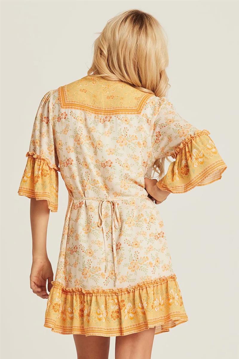 Boho Floral Print Flared Sleeve Ruffle Hem Mini Dress 16