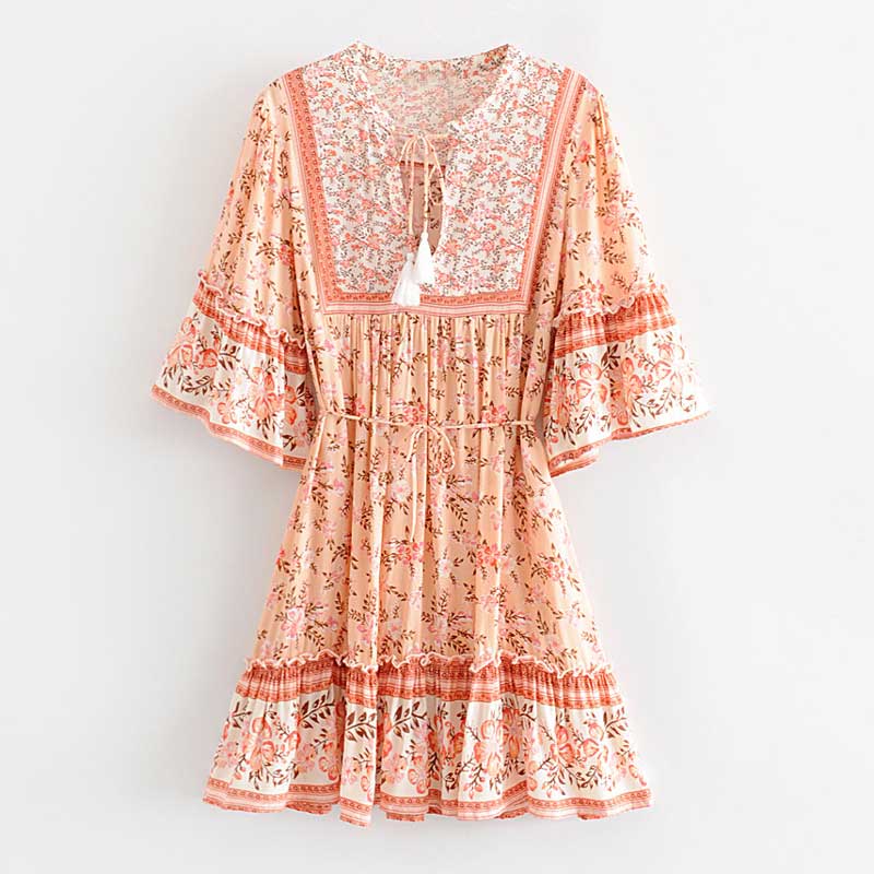 Boho Floral Print Flared Sleeve Ruffle Hem Mini Dress 17