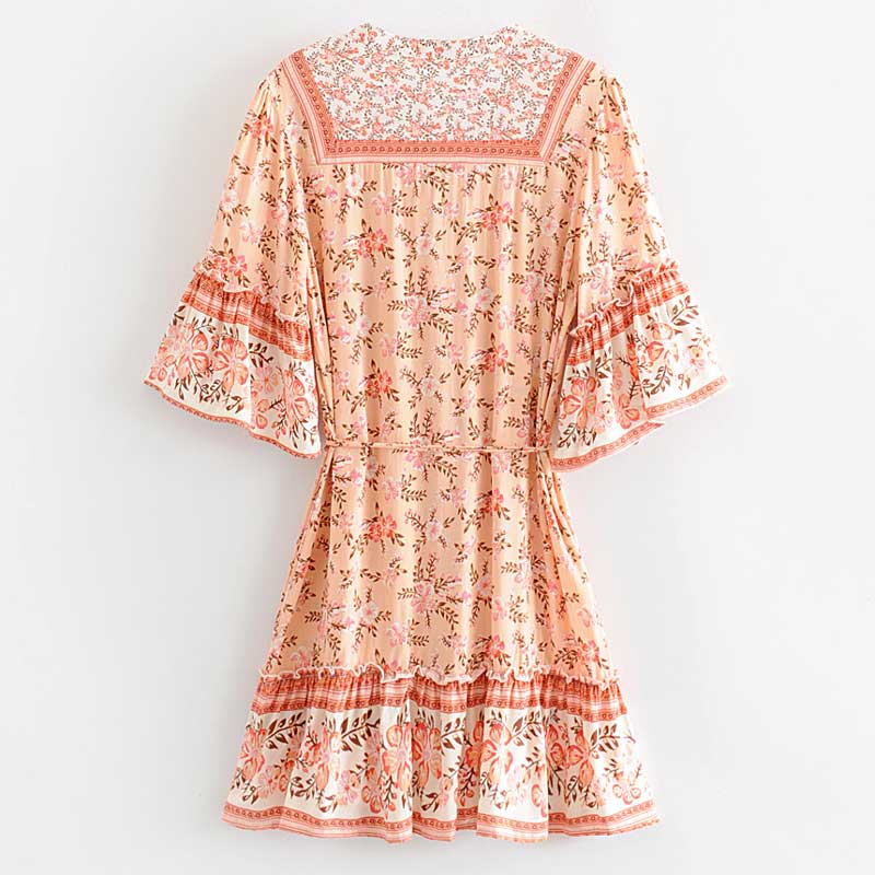 Boho Floral Print Flared Sleeve Ruffle Hem Mini Dress 18