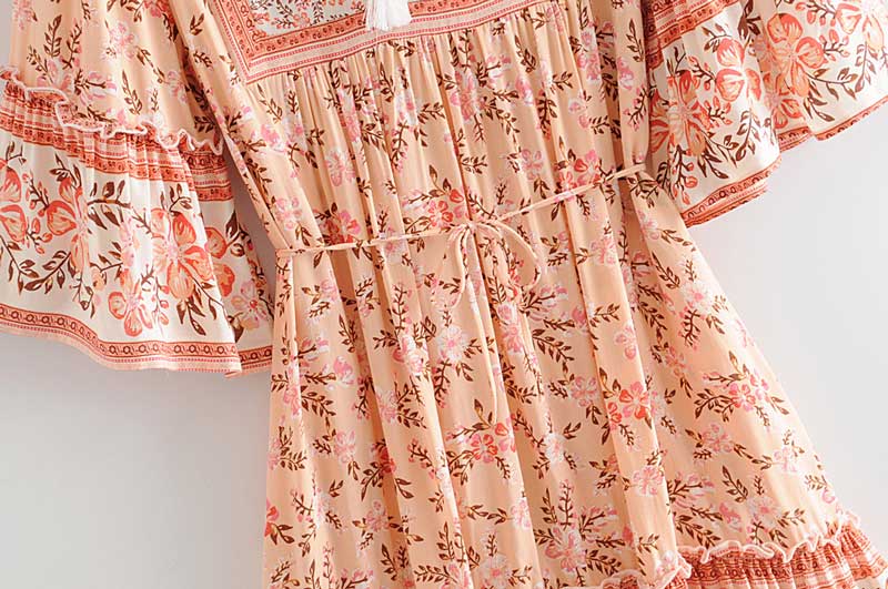 Boho Floral Print Flared Sleeve Ruffle Hem Mini Dress 20