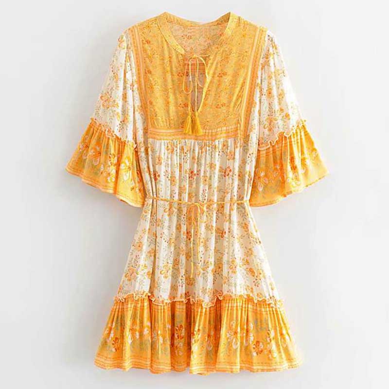 Boho Floral Print Flared Sleeve Ruffle Hem Mini Dress 25