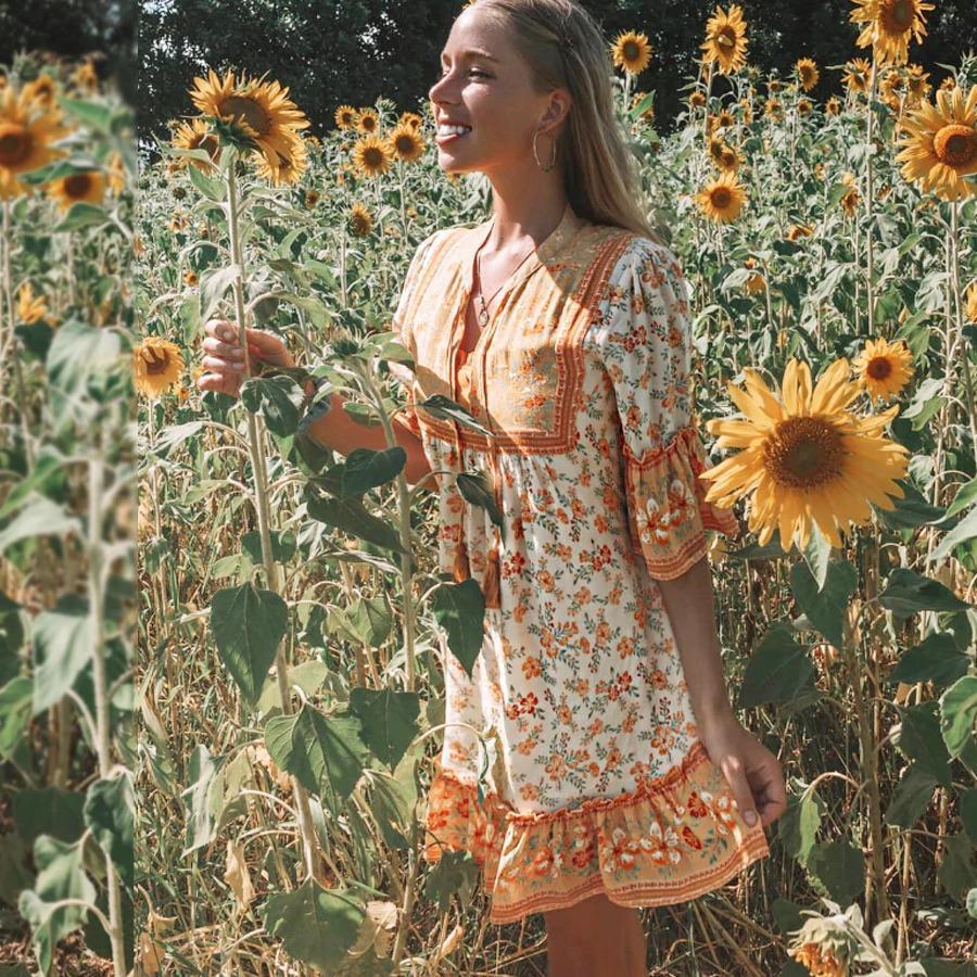 Boho Floral Print Flared Sleeve Ruffle Hem Mini Dress 4