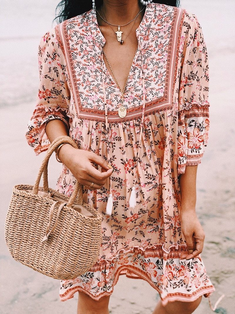 Boho Floral Print Flared Sleeve Ruffle Hem Mini Dress 5
