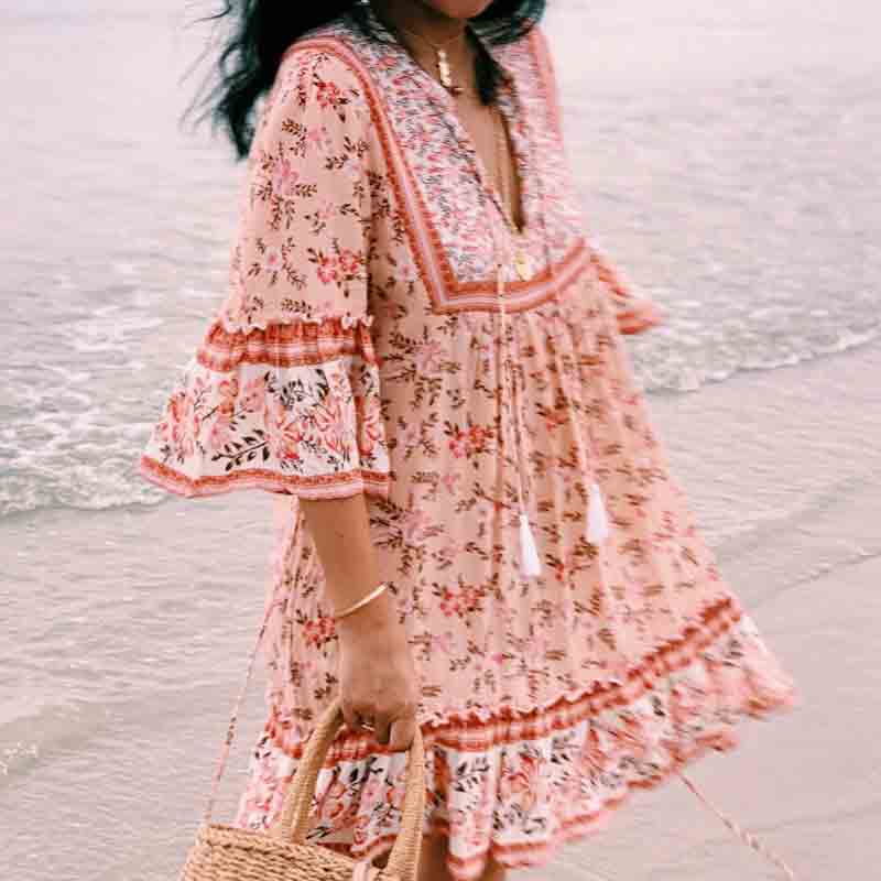 Boho Floral Print Flared Sleeve Ruffle Hem Mini Dress 6