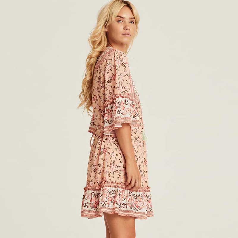 Boho Floral Print Flared Sleeve Ruffle Hem Mini Dress 7