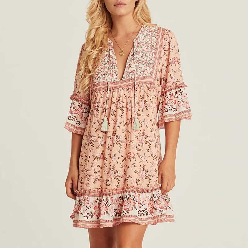 Boho Floral Print Flared Sleeve Ruffle Hem Mini Dress 8