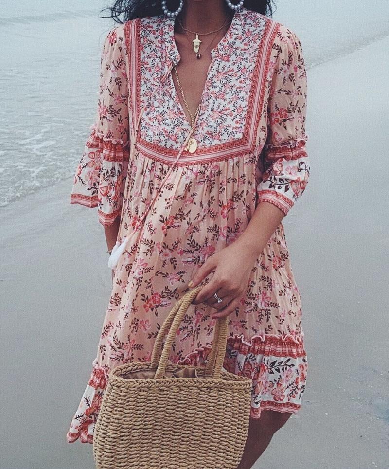 Boho Floral Print Flared Sleeve Ruffle Hem Mini Dress 9
