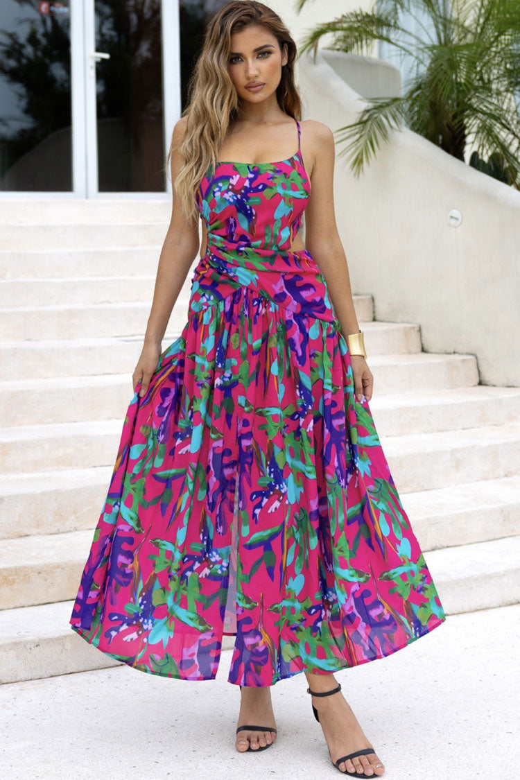Tropical Print Cutout Backless Drop Waist Split Beach Vacation Midi Sundress - Fashionpara