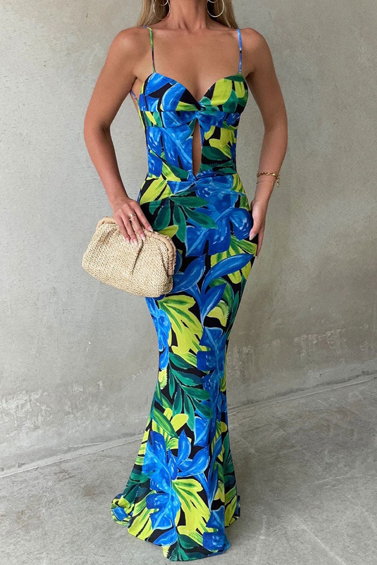 Tropical Twist Cutout Printed Fishtail Backless Beach Vacation Maxi Dress - Blue - Fashionpara