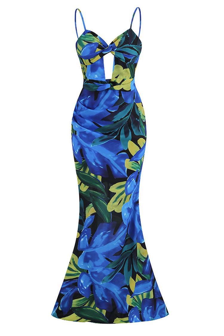 Tropical Twist Cutout Printed Fishtail Backless Beach Vacation Maxi Dress - Blue - Fashionpara