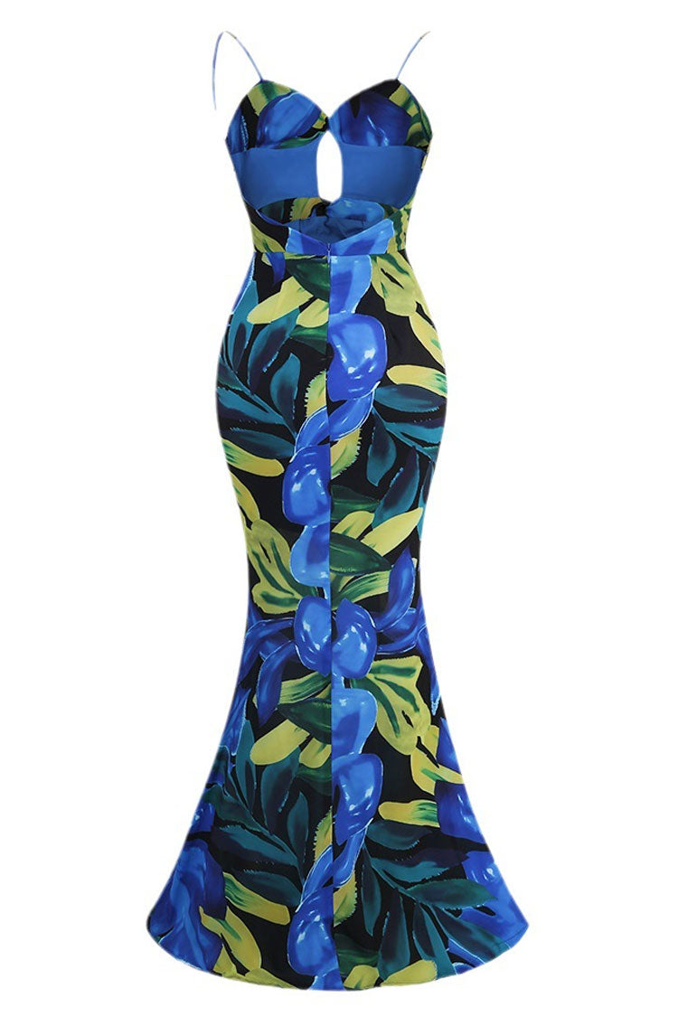 Tropical Twist Cutout Printed Fishtail Backless Beach Vacation Maxi Dress - Blue - Fashionpara