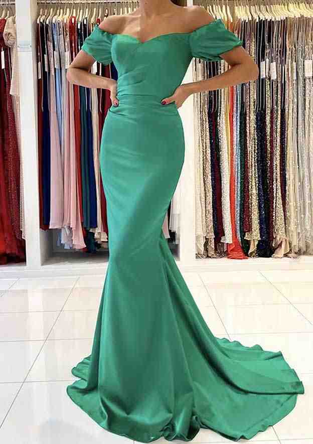 Trumpet/Mermaid Off-the-Shoulder Satin Prom Dress/Evening Dress With Pleated Sweep Train - Fashionpara