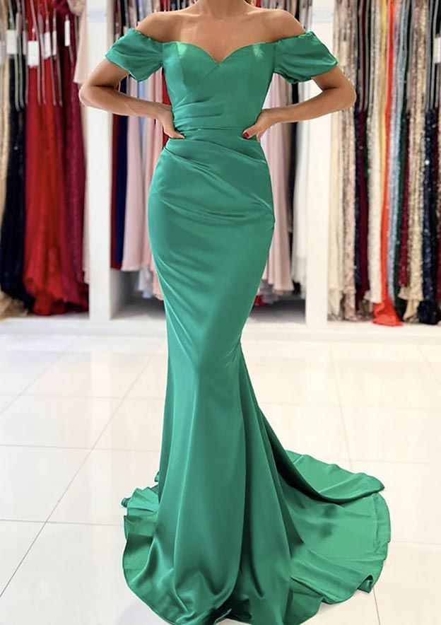 Trumpet/Mermaid Off-the-Shoulder Satin Prom Dress/Evening Dress With Pleated Sweep Train - Fashionpara