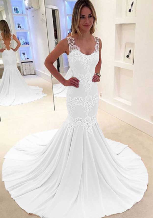 Trumpet/Mermaid Scalloped Neck Sleeveless Court Train Chiffon Prom Dress/Evening Dress - Fashionpara
