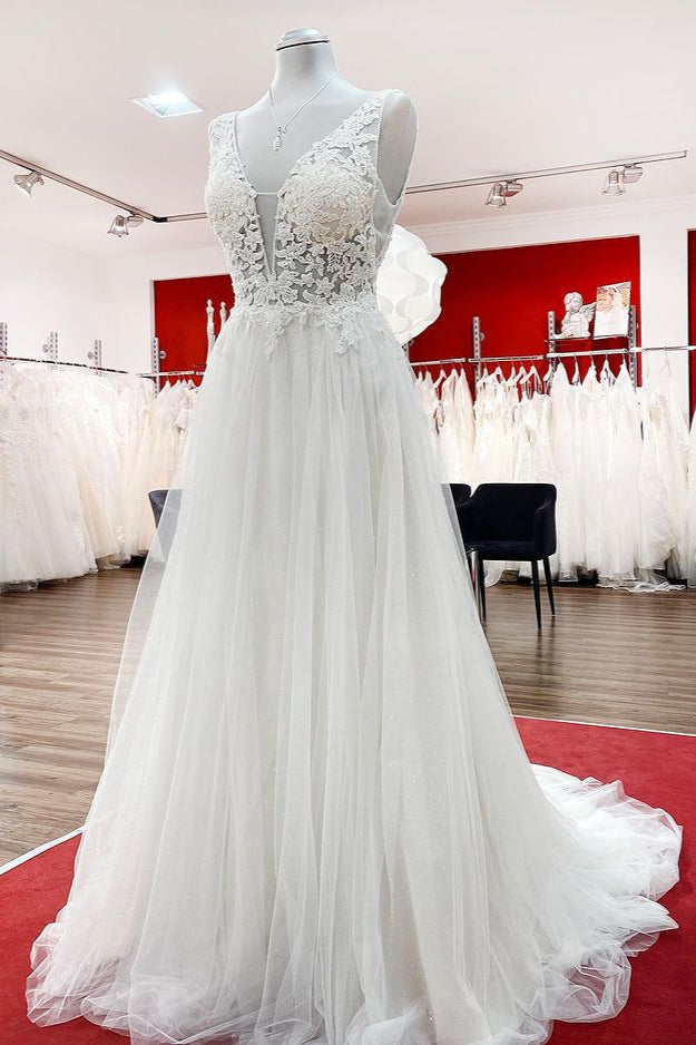 Tulle Lace V Neck White Ruffles Wedding Dresses With Lace - Fashionpara