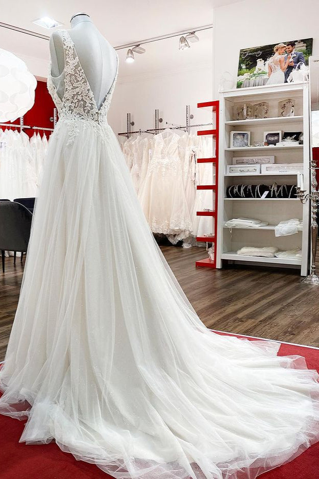 Tulle Lace V Neck White Ruffles Wedding Dresses With Lace - Fashionpara