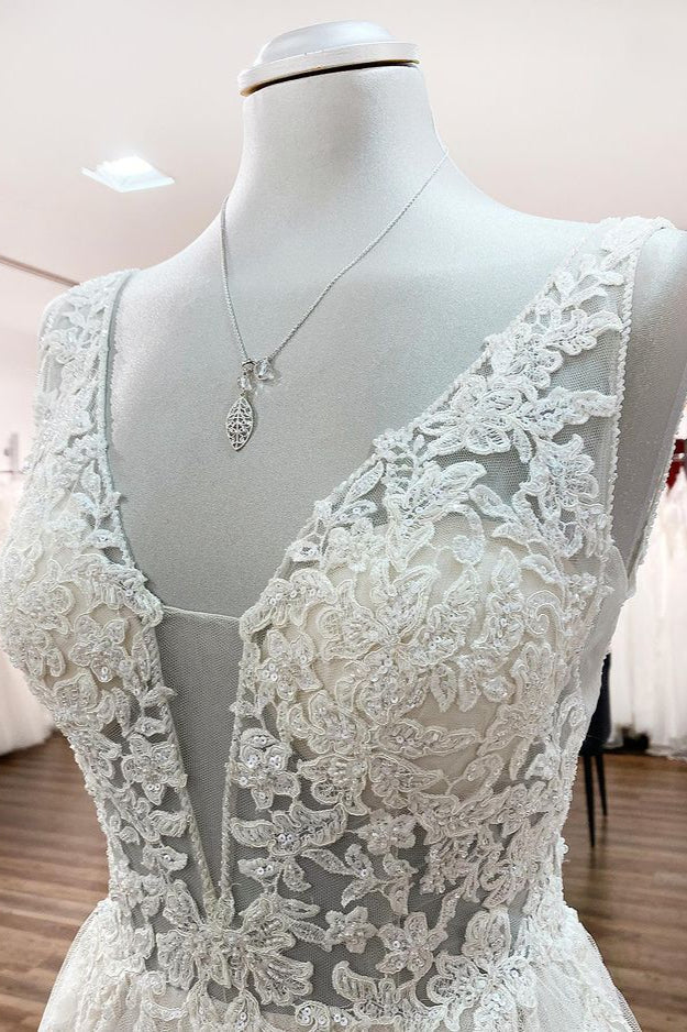 Tulle Lace V Neck White Ruffles Wedding Dresses With Lace - Fashionpara