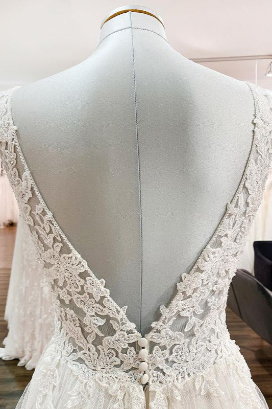 Tulle Lace V Neck White Ruffles Wedding Dresses With Lace - Fashionpara