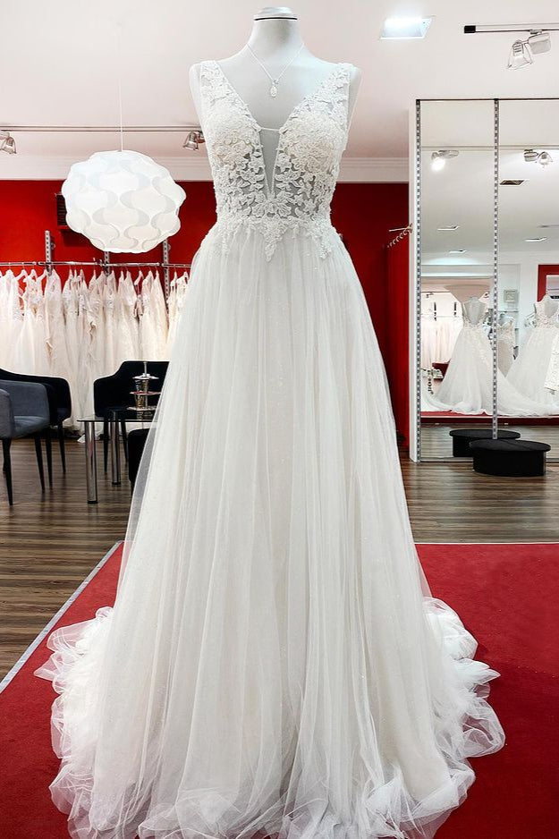 Tulle Lace V Neck White Ruffles Wedding Dresses With Lace - Fashionpara