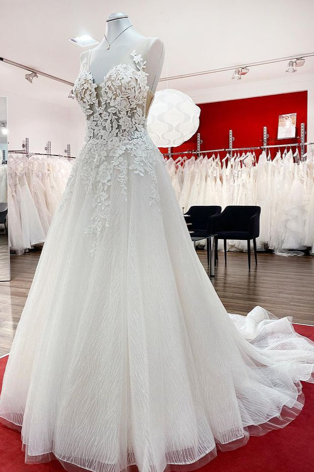 Tulle Sleevless Ruffles Jewel A-Line Wedding Dresses With Lace Appliques - Fashionpara