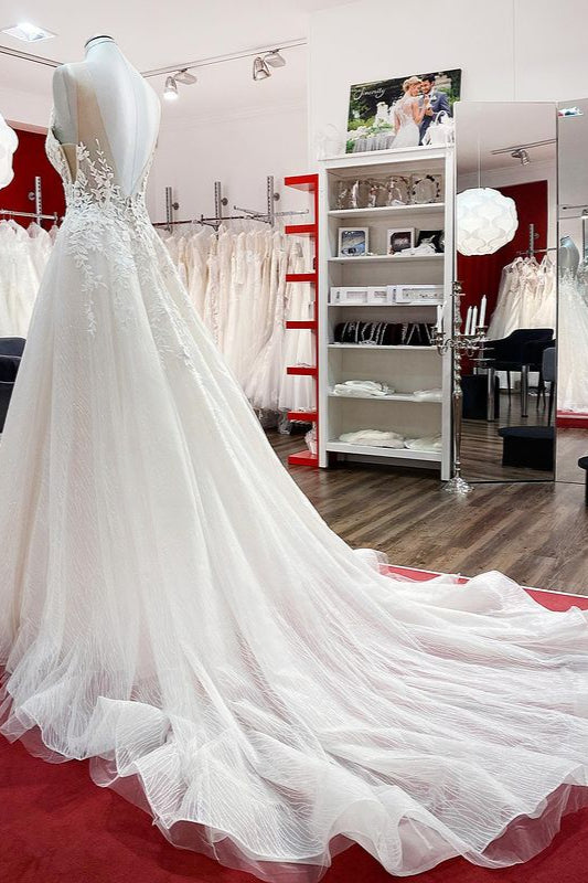 Tulle Sleevless Ruffles Jewel A-Line Wedding Dresses With Lace Appliques - Fashionpara