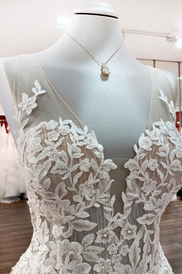 Tulle Sleevless Ruffles Jewel A-Line Wedding Dresses With Lace Appliques - Fashionpara