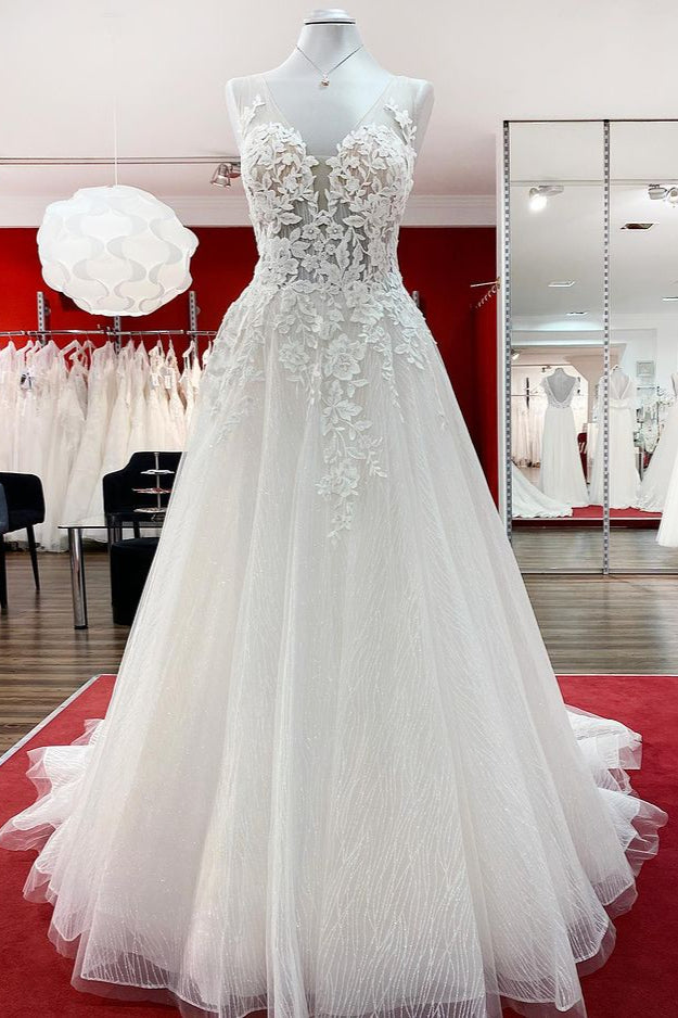 Tulle Sleevless Ruffles Jewel A-Line Wedding Dresses With Lace Appliques - Fashionpara