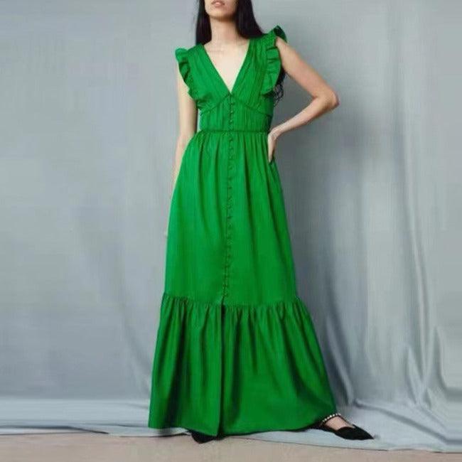 V-Neck Button Front Tiered Maxi Dress