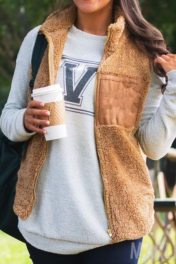 Fluffy Zipper Waistcoat with Turn-Down Collar for Cozy Style