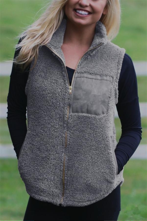 Fluffy Zipper Waistcoat with Turn-Down Collar for Cozy Style