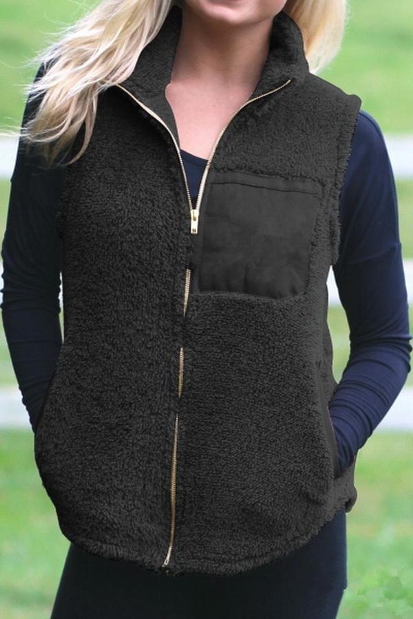 Fluffy Zipper Waistcoat with Turn-Down Collar for Cozy Style