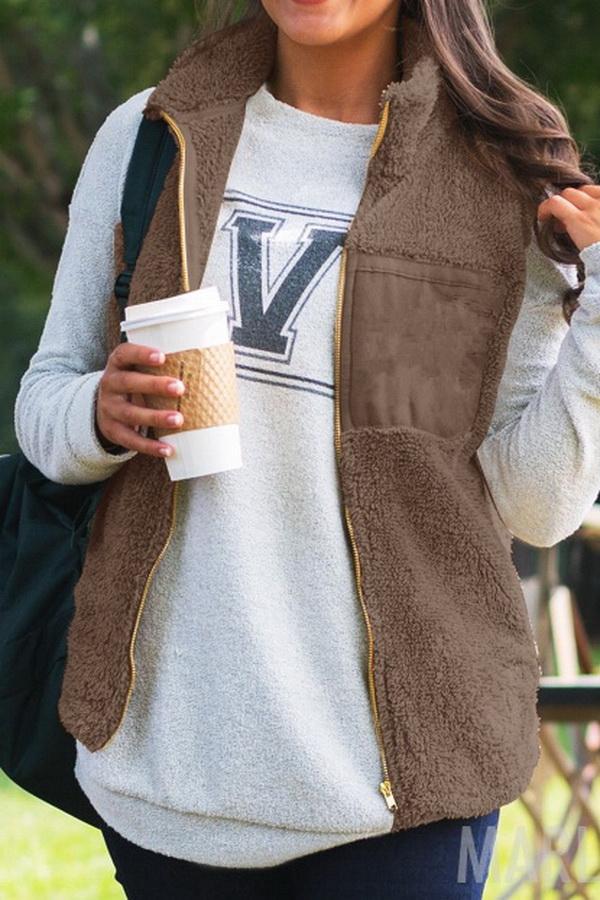 Fluffy Zipper Waistcoat with Turn-Down Collar for Cozy Style