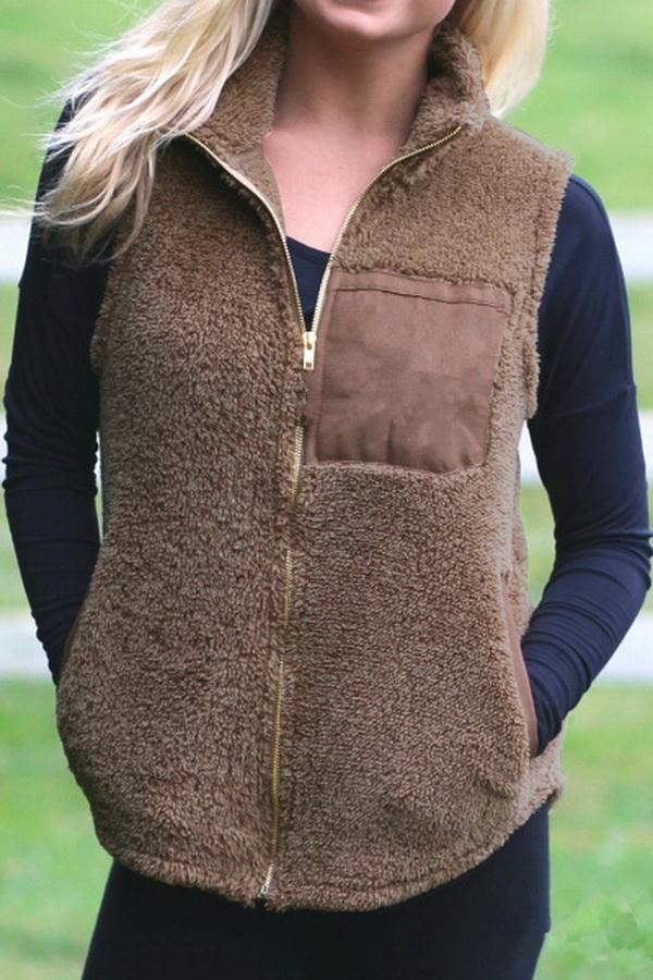 Fluffy Zipper Waistcoat with Turn-Down Collar for Cozy Style