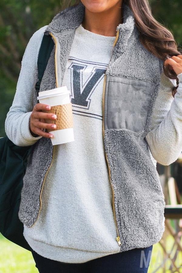 Fluffy Zipper Waistcoat with Turn-Down Collar for Cozy Style