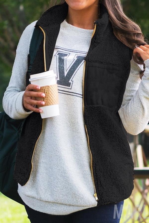 Fluffy Zipper Waistcoat with Turn-Down Collar for Cozy Style