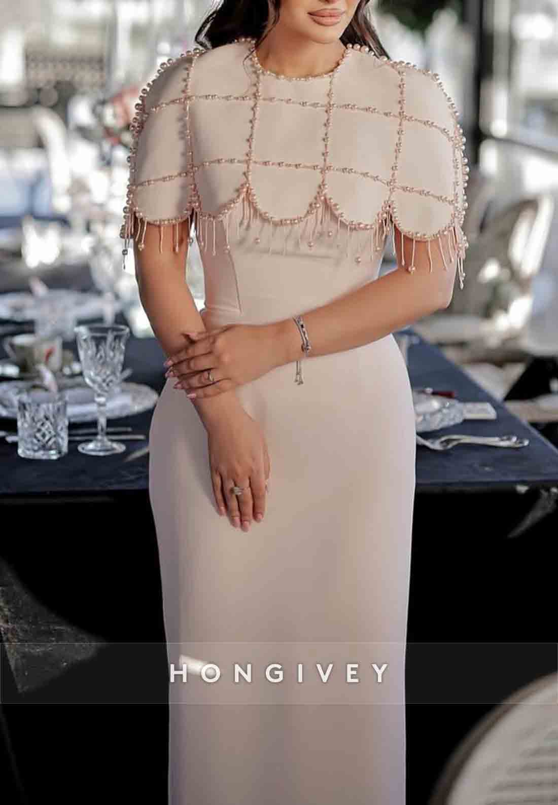 Sheath Tea-Length Pleated Evening Gown Shawl Beading Wedding Guest Dresses