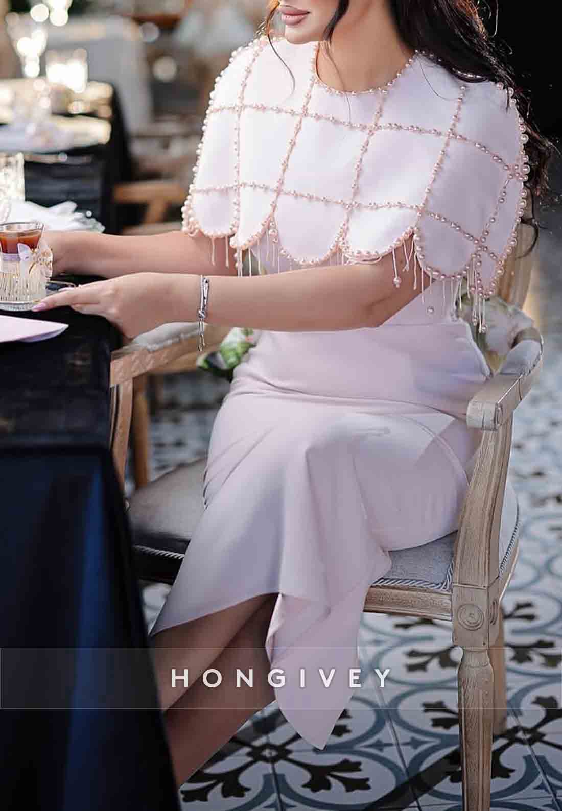 Sheath Tea-Length Pleated Evening Gown Shawl Beading Wedding Guest Dresses