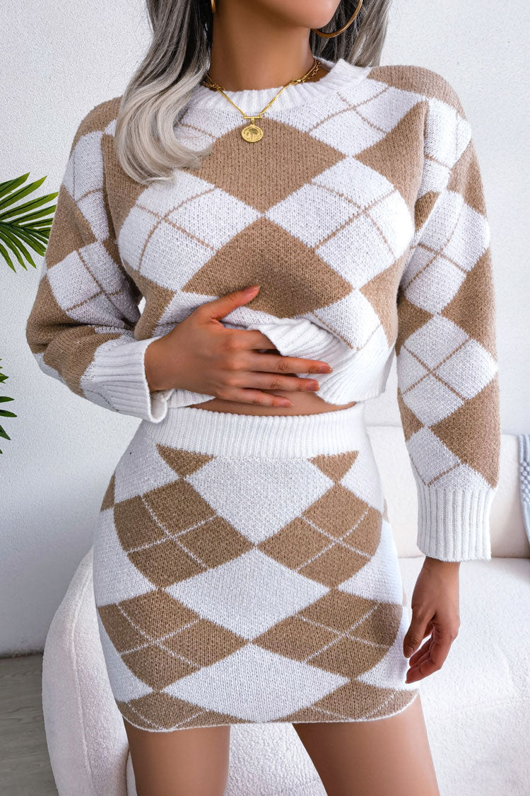 Two Tone Argyle Knit Cropped Sweater Mini Skirt Two Piece Dress - Khaki  Fashionpara