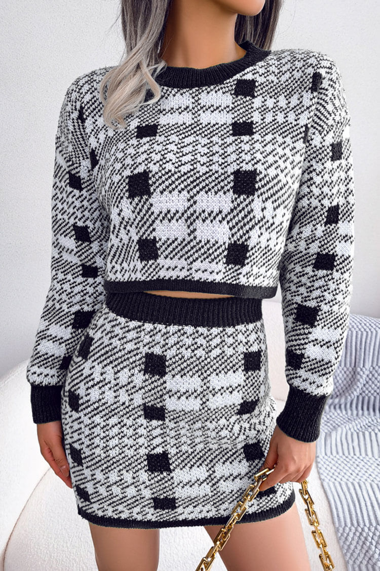 Two Tone Plaid Knitted Cropped Sweater Mini Skirt Two Piece Dress - Black  Fashionpara