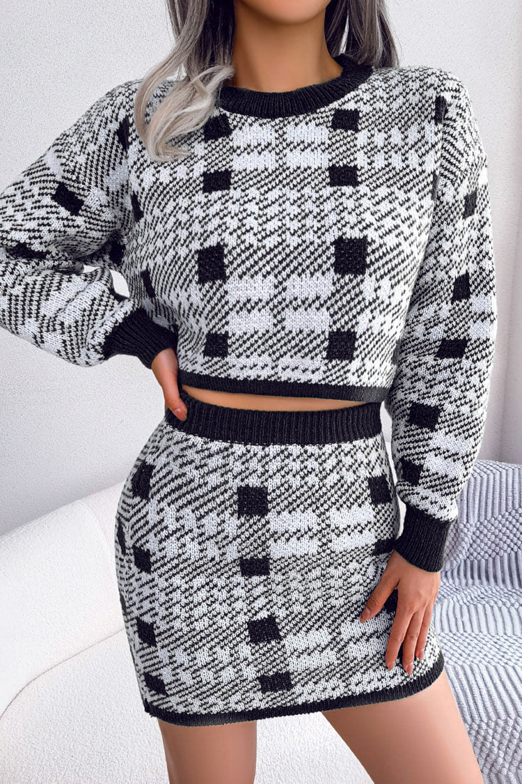 Two Tone Plaid Knitted Cropped Sweater Mini Skirt Two Piece Dress - Black  Fashionpara
