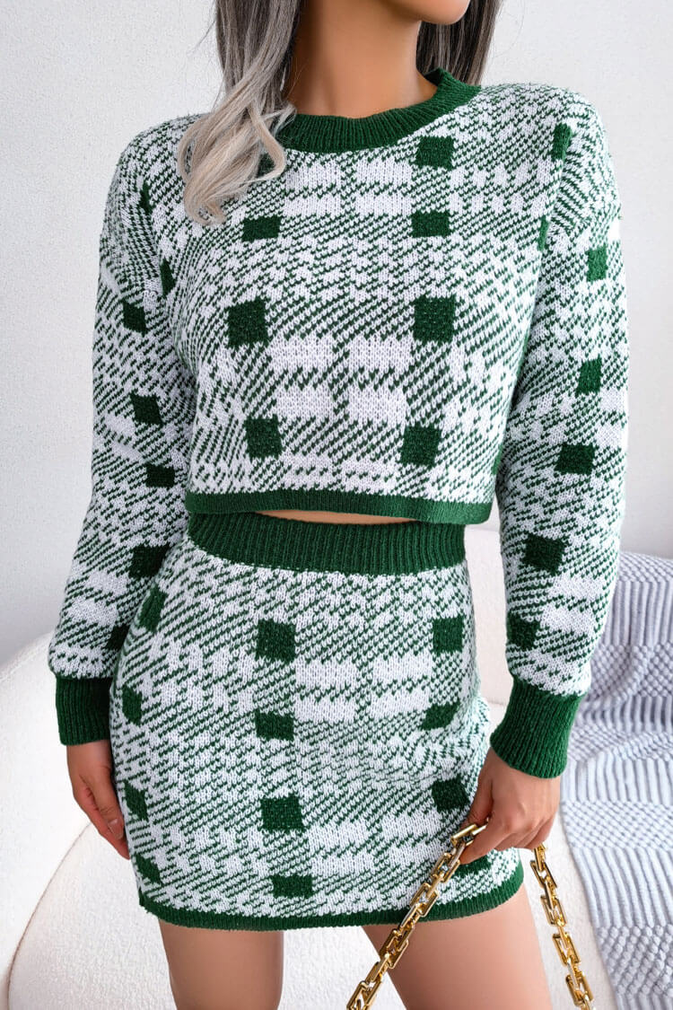 Two Tone Plaid Knitted Cropped Sweater Mini Skirt Two Piece Dress - Green  Fashionpara
