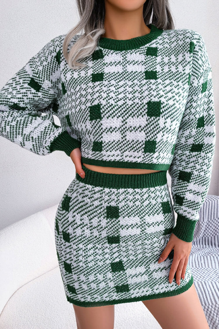 Two Tone Plaid Knitted Cropped Sweater Mini Skirt Two Piece Dress - Green  Fashionpara