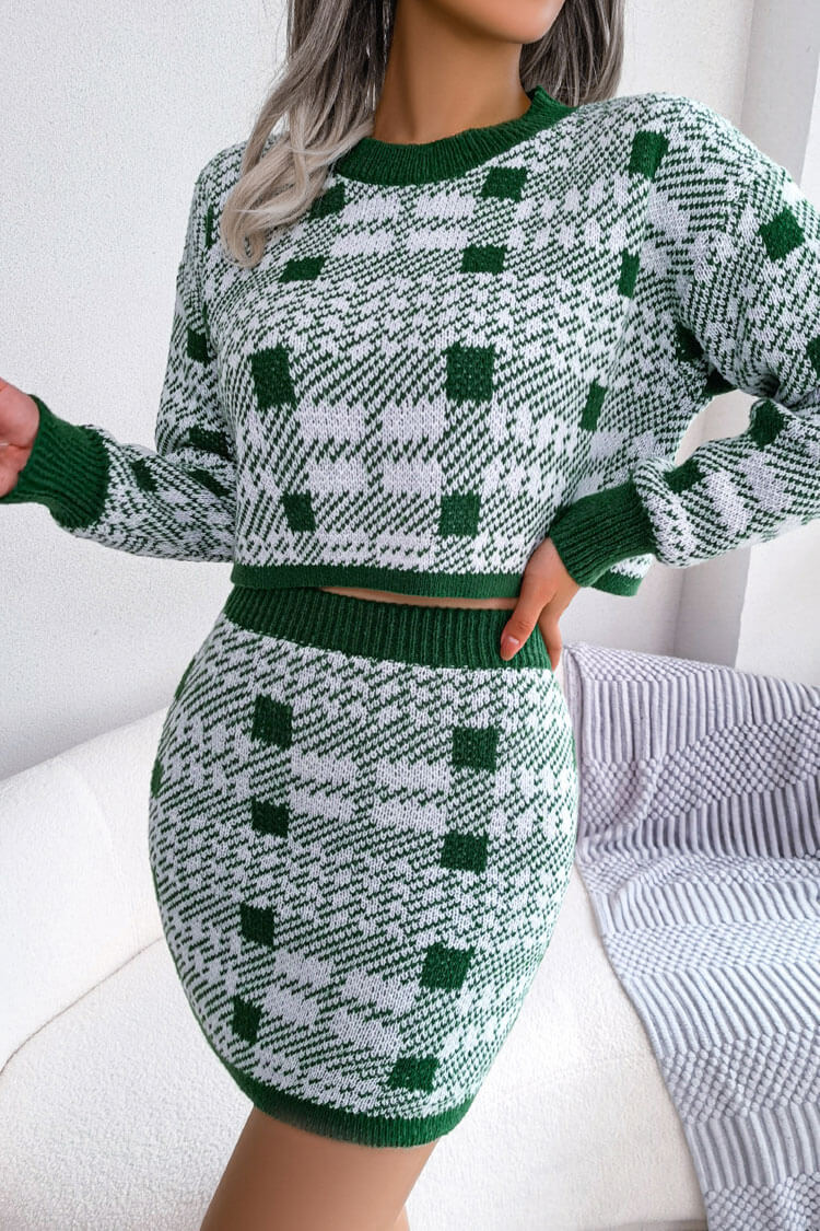 Two Tone Plaid Knitted Cropped Sweater Mini Skirt Two Piece Dress - Green  Fashionpara