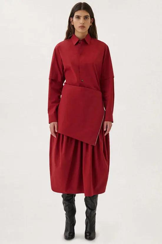 Two Way Ruched Detail Low Waist Cotton Blend Strapless Midi Dress - Red Fashionpara