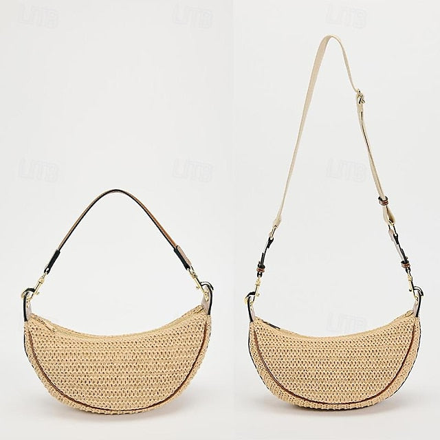Straw Leather Boho Crossbody Bag with Adjustable