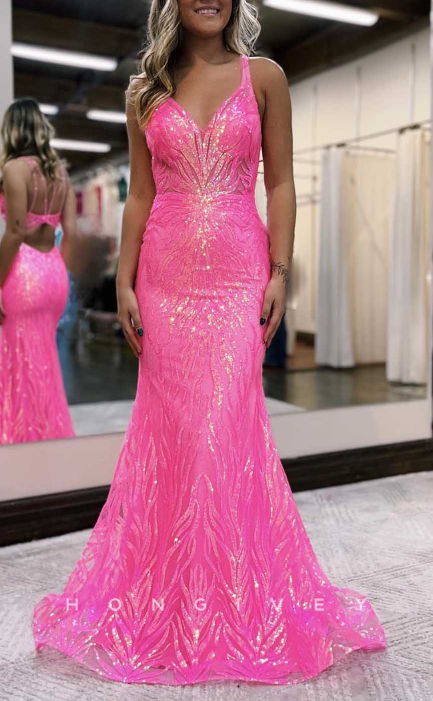 L2887 - Sexy V-Neck Spaghetti Straps Sequined Appliques Trumpet Party Prom Evening Dress - Fashionpara