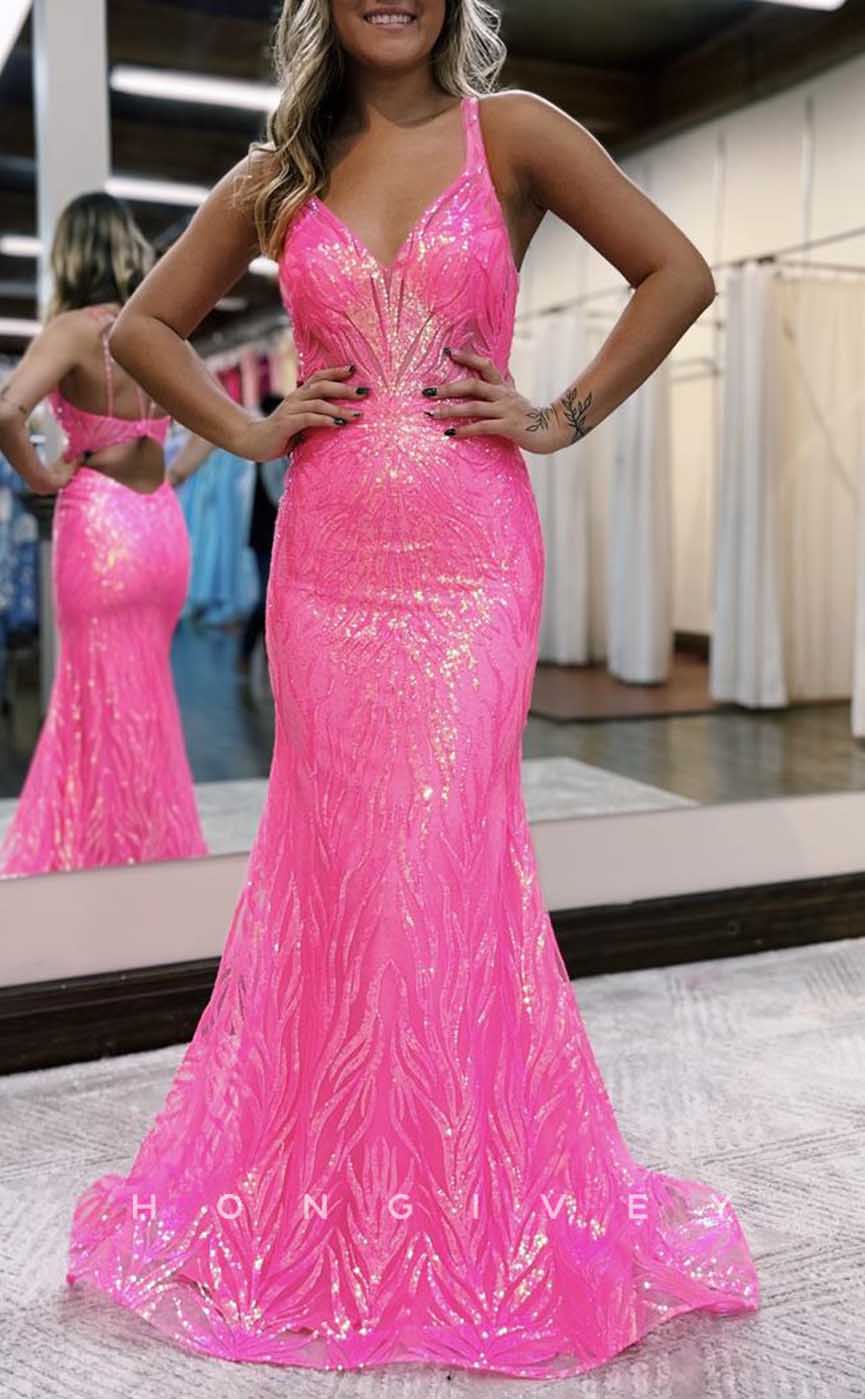 L2887 - Sexy V-Neck Spaghetti Straps Sequined Appliques Trumpet Party Prom Evening Dress - Fashionpara