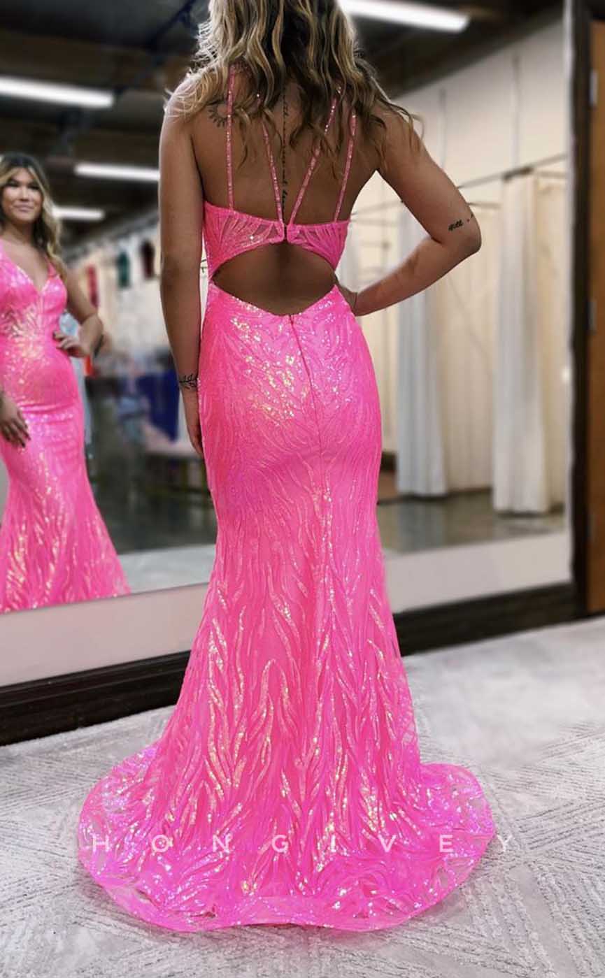 L2887 - Sexy V-Neck Spaghetti Straps Sequined Appliques Trumpet Party Prom Evening Dress - Fashionpara