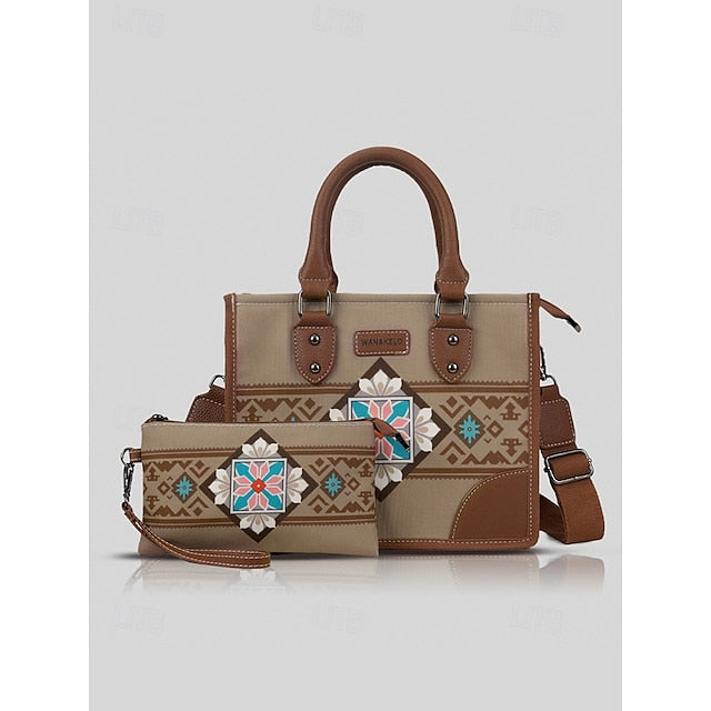 and Set Ethnic Leather Faux Handbag Canvas with